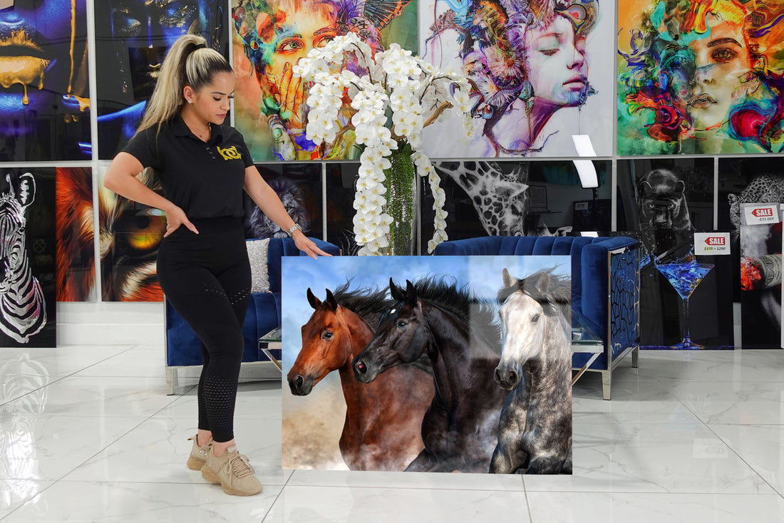 Acrylic with horses running at high speed.