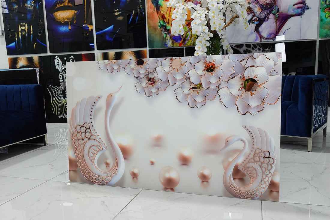 Very decorative acrylic print with swans and flowers.